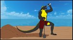 16:9 2024 abs anthro beach belly black_body black_border black_claws black_scales blue_sky border bottle bottomwear claws clothed clothing cloud container day dragon drinking ernesto_(rebeldragon101) fangs feet finger_claws flexing flexing_bicep full-length_portrait hi_res holding_bottle holding_container holding_object holding_shovel holding_tool hole_(pit) light long_ears looking_up male mythological_creature mythological_scalie mythology navel open_mouth outside pawpads paws pecs portrait rebeldragon101 red_bottomwear red_clothing red_eyes red_shorts sand scales scalie sea shirt shorts shovel sky solo sunlight sunny tail tail_ridge tank_top teeth text thick_thighs toe_claws toes tongue tools topless topless_anthro topless_male topwear url water water_bottle widescreen yellow_body yellow_scales