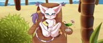 bandai_namco beach beverage biped blue_eyes blush chair claws cocktail_glass container cup detailed_background digimon digimon_(species) drinking_glass fangs felid feline_fantasies female feral fur furniture gatomon genitals glass glass_container glass_cup gracie_(ff) hi_res long_claws looking_at_viewer mammal oasis outside pilitan presenting presenting_pussy pussy seaside semi-anthro sitting solo spread_legs spreading teeth