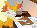 anthro appliance braixen cabinet cooking door egg female generation_6_pokemon hi_res inside kitchen nintendo pokemon pokemon_(species) smile smirk snakesincircles solo stove text watermark