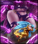 absurd_res angel breasts chain english_text female female_focus hi_res huge_filesize humanoid kayle_(lol) larger_female league_of_legends macro magic magic_user morgana_(lol) purple_eyes reygunpocket_(artist) riot_games sibling_(lore) sister_(lore) size_difference tencent text thick_thighs winged_humanoid wings