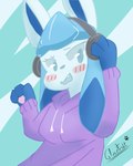 anthro blue_body blue_fur blush blush_lines breasts clothed clothing cute_fangs eeveelution electronics female fur generation_4_pokemon glacefrostbite glaceon headphones hi_res humanoid jacket nintendo open_mouth pawpads paws pokemon pokemon_(species) simple_background solo topwear