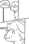 2:3 absurd_res anthro canid canine canis collar comic conditional_dnp domestic_dog door fluffycato hi_res male mammal monochrome solo surprised_expression young