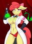 2014 2018 abs accessory amber_eyes anthro anthrofied apple_bloom_(mlp) armor beaker big_breasts bow_(feature) bow_accessory bow_ribbon breasts bubble centered_hair_bow cleavage clothed clothing coat digital_media_(artwork) earth_pony equid equine eyewear female flask friendship_is_magic gloves goggles hair hair_accessory hair_bow hair_ribbon handwear hasbro horse jrvanesbroek lab_coat laboratory_equipment laboratory_glassware looking_at_viewer mammal my_little_pony navel panties pony red_hair ribbons scientific_instrument skimpy smile solo standing tentacles thong topwear underwear wood