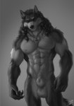 2022 5_fingers abs alternate_species animal_genitalia anthro balls braided_fur canid canine canis chad_(meme) claws countershading einarr_(personalami) eye_scar facial_scar finger_claws fingers front_view fully_sheathed fur furrification genitals gigachad greyscale hi_res humanoid_hands jewelry jewelry_only male mammal meme mjolnir_necklace monochrome muscular muscular_anthro muscular_male navel necklace necklace_only nipples nude nude_anthro nude_male pecs personalami portrait reaction_image redraw scar sheath signature simple_background smile solo standing three-quarter_portrait wolf