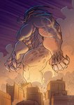 2021 abs anthro big_breasts breasts brown_body building city claws conditional_dnp dust_cloud featureless_breasts female jollyjack kaiju landscape_dwarfing macro muscular muscular_anthro muscular_arms muscular_female muscular_legs night purple_body solo tan_body tusks walking yellow_body