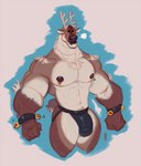 2023 abs anthro antlers barazoku bell biceps big_bulge big_muscles blue_background bracelet bulge christmas clothed clothing dasher deer eyebrows fur grey_background hi_res holidays horn huge_muscles jewelry jockstrap looking_at_viewer male mammal manly muscular muscular_anthro muscular_male navel new_world_deer nipple_piercing nipple_ring nipples pecs piercing reindeer ring_piercing simple_background solo standing thick_thighs toastyfuzzbuns topless topless_anthro topless_male tuft underwear