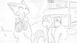 16:9 animal_crossing anthro bodily_fluids cigarette clothed clothing dialogue_in_description diner domestic_cat dragonweirdo duo felid feline felis female fur greyscale hi_res hoodie lighter male mammal markings marshal_(animal_crossing) mole_(marking) monochrome nervous_sweat nintendo olivia_(animal_crossing) outside restaurant rodent sciurid smoke smoking sweat tail topwear tree_squirrel widescreen