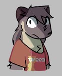 anthro ariverdry bangs brown_body brown_fur chest_tuft clothing fur grey_background hair long_hair male mammal mustelid musteline shirt simple_background t-shirt topwear true_musteline tuft weasel ween_(band)