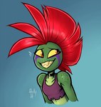 2024 anthro ash_(g-h-) choker clothing crop_top freckled_shoulders freckles gecko ghastlygh green_body green_scales grin hair jewelry lizard male markings mohawk necklace nonbinary_(lore) purple_markings red_hair reptile scales scalie sharp_teeth shirt smile solo teeth topwear yellow_sclera