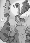 abdominal_bulge anthro big_breasts big_butt body_outline breasts butt comic dialogue domestic_cat duo english_text feet_first felid feline felis female feral freckles_(artist) male mammal monochrome neck_bulge reptile scalie snake soto_(freckles) swallowing text vore