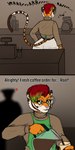 1:2 2023 anthro barista beverage biped clothed clothing coffee comic digital_media_(artwork) english_text eyeshadow eyewear felid feline femboy fully_clothed glasses hi_res makeup male mammal sequence text victhetiger victor_alice_reed