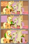 absurd_res applejack_(mlp) bat_pony blonde_hair comic duo earth_pony equid equine fangs female feral flutterbat_(mlp) fluttershy_(mlp) friendship_is_magic green_eyes gutovi-kun hair hasbro hi_res horse mammal my_little_pony pink_hair pony red_eyes teeth tongue tongue_out wings