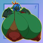 1:1 2018 2_horns 5_fingers anthro areola bangs big_breasts black_eyebrows blue_background blue_hair blue_tongue bra brasslion breasts breasts_bigger_than_head bust_portrait claws clothed clothed_anthro clothed_female clothing colored digital_drawing_(artwork) digital_media_(artwork) dragon ears_down english_description eri_(eriborn) european_mythology eyebrow_through_hair eyebrows eyelashes eyelashes_through_hair fangs female female_anthro finger_claws fingers forked_tongue green_body green_eyes green_scales grey_body grey_scales grey_wings hair half-closed_eyes hand_on_breast horn huge_breasts hyper hyper_breasts long_hair membrane_(anatomy) membranous_wings multicolored_body multicolored_scales mythological_creature mythological_scalie mythology narrowed_eyes nipples open_mouth open_smile outline pivoted_ears portrait puffy_nipples red_areola red_bra red_claws red_clothing red_horn red_nipples red_underwear scales scalie shaded signature simple_background simple_shading smile solo teeth tongue translucent translucent_bra translucent_clothing translucent_hair translucent_underwear two_tone_body two_tone_scales underwear western_dragon wing_claws wings yellow_outline