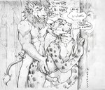 2023 akatan_art anthro anthro_on_anthro anthro_penetrated anthro_penetrating anthro_penetrating_anthro cheetah dated duo erection eyes_closed felid feline grin hi_res leaning leaning_forward lion male male/male male_penetrated male_penetrating male_penetrating_male mammal monochrome motion_lines nude obscured_penetration outside pantherine penetration plant sex signature smile speech_bubble spotted_arms spotted_legs standing standing_sex traditional_media_(artwork) tree