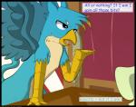 2018 avian beak blue_body blue_eyes blue_feathers comic countershading crate dialogue dialogue_box digital_media_(artwork) english_text equid equine feathers flash_draw friendship_is_magic gallus_(mlp) gryphon hasbro hi_res horse male mammal my_little_pony mythological_avian mythological_creature mythology pony sandbar_(mlp) text