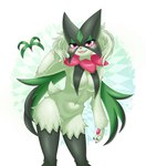 3_fingers absurd_res anthro blush breast_curtains breasts claws female finger_claws fingers fluffy_hinu fur generation_9_pokemon green_body green_fur green_hair hair hi_res looking_at_viewer mask meowscarada nintendo nude open_mouth open_smile pawpads paws pink_eyes pokemon pokemon_(species) smile solo