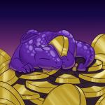 1:1 2019 coin dragon eyes_closed feral foxenawolf gold_(metal) gold_coin micro mythological_creature mythological_scalie mythology purple_body purple_scales scales scalie solo tail treasure