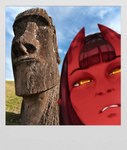 2023 demon demon_humanoid eyebrows female hair horn horned_humanoid humanoid humanoid_pointy_ears meru_(merunyaa) merunyaa moai_statue not_furry photo_background photography_(artwork) pointy_ears red_body red_skin solo