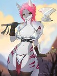 anthro armor axe bra_armor breasts clothing conditional_dnp female fish gloves hair handwear hi_res high_boots marine non-mammal_breasts pink_hair pinup pose red_sonja sadbitch shark short_hair shoulder_belts smile solo under_boob weapon wide_hips yellow_eyes