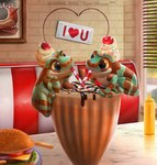 2024 amazing_background amazon_milk_frog ambiguous_gender amphibian beverage blinds blue_eyes brown_body burger candy cheese cherry chocolate chocolate_sauce comically_large_object container cup dairy_products dessert detailed detailed_background detailed_food digital_media_(artwork) digital_painting_(artwork) diner drinking_straw duo feral food frog fruit goblet green_body heart_symbol inside lettuce looking_at_another meat micro milkshake mustard_bottle onion piper_thibodeau plant restaurant sharing sharing_beverage sharing_milkshake smile sprinkles text tomato tree_frog vegetable whipped_cream white_body window yellow_eyes