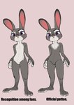 2024 anthro blush bodily_fluids canon_conforming_body_shape comparison disney embarrassed english_text european_rabbit featureless_crotch female flat_chested frown fur grey_body grey_fur hi_res judy_hopps lagomorph leporid mammal model_sheet on_model oryctolagus purple_eyes rabbit simple_background solo standing sweat sweatdrop text the_truth thick_thighs white_body white_fur zigrock001 zootopia