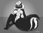 1997 4_toes anthro barely_visible_nipples biped breasts claws copyright_symbol countershading doug_winger feet female fluffy fluffy_tail greyscale looking_at_viewer mammal mephitid monochrome nipples nude simple_background sitting skunk solo spread_legs spreading striped_skunk symbol tail toe_claws toes