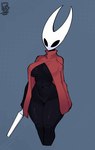 anthro arthropod big_breasts black_body black_eyes breasts cape cape_only clothing featureless_crotch female front_view hi_res hollow_knight hornet_(hollow_knight) mostly_nude rodd.y sewing_needle simple_background solo team_cherry thick_thighs wide_hips