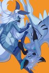 2:3 absurd_res anthro avian beak big_breasts bird blue_body blue_eyes blue_fur blue_nipples breasts butt dervid_(taktian) digital_media_(artwork) digitigrade duo feathered_wings feathers female fur gryphon hair hi_res hiromoru hybrid lagomorph leporid long_hair looking_at_viewer mammal markings mythological_avian mythological_creature mythology nipples nude rabbit scut_tail short_tail simple_background small_breasts striped_markings stripes tail terena_(axel0527) white_hair wings