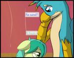 2018 avian beak blue_body blue_eyes comic dialogue digital_media_(artwork) duo earth_pony english_text equid equine feathers feral flash_draw friendship_is_magic fur gallus_(mlp) gryphon hasbro hi_res horse japanese_text male mammal my_little_pony mythological_avian mythological_creature mythology pony sandbar_(mlp) sitting standing talon_hands text