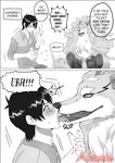 absurd_res akaneko blush campfire_cooking_in_another_world_with_my_absurd_skill canid canine canis comic deep_kiss dialogue digital_media_(artwork) duo fel_(fenrir) feral fluffy french_kissing fur hi_res human kissing licking male male/male mammal mukoda_tsuyoshi paws sensual size_difference story tongue wolf