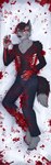 absurd_res angry anthro bared_teeth barefoot black_body black_fur blood blood_on_chest blood_on_face blood_on_pants blood_on_tail blood_splatter blood_stain bodily_fluids bottomwear bullet_wound canid canine clothing dakimakura dakimakura_design dark_matter_(li'l_melon) excessive_blood exposed_bone exposed_ribcage facial_scar feet fur glowing glowing_eyes glowing_hands gore grey_body grey_fur growling hi_res looking_at_viewer lying male mammal on_side pants red_eyes scar shirtless solo stab_wound strays_in_paradise toynako unknown_species wounded