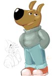 2024 anthro black_nose blue_bottomwear blue_clothing blue_jeans blue_pants bottomwear brown_body brown_fur canid canine canis closed_smile clothed clothing denim denim_bottomwear denim_clothing digital_media_(artwork) domestic_dog duo english_text eyebrows footwear full-length_portrait fully_clothed fur gesture grey_clothing grey_sweater grey_topwear hair hand_gesture hands_in_both_pockets hi_res human jacket jeans looking_at_viewer male mammal meme mouth_closed my_new_character my_new_character_(phillip-banks) open_mouth pants paraparasect pointing pointing_up portrait red_clothing red_footwear red_shoes shaded shoes signature simple_background smile standing sweater text three-quarter_view tongue toony topwear white_background