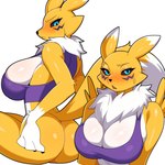 absurd_res anthro bandai_namco big_breasts big_butt black_sclera blue_eyes blush bodily_fluids bottomless bra bra_only breasts butt clothed clothing digimon digimon_(species) dipstick_tail female fluffy fluffy_tail fur hi_res markings neck_tuft plankzu rear_view renamon simple_background sitting solo sports_bra sweat sweatdrop tail tail_markings tuft underwear underwear_only yellow_body yellow_fur