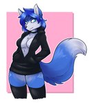 2020 ambris anthro black_clothing black_legwear black_nose black_stockings black_sweater black_topwear blue_body blue_eyes blue_fur blue_hair bottomless breasts canid canine chest_tuft choker cleavage clothed clothing countershade_face countershade_legs countershade_neck countershade_thighs countershade_torso countershading diamond_(gem) digital_media_(artwork) dipstick_tail ear_piercing ear_ring female fluffy fluffy_tail fox full_cleavage fur gem hair hand_in_pocket hands_in_both_pockets hoodie inner_boob jewelry krystal_(star_fox) legwear mammal markings multicolored_tail necklace nintendo piercing pockets ring_piercing skindentation smile solo star_fox stockings sweater tail tail_markings tattoo thigh_highs topwear tuft white_body white_fur