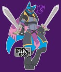 2022 anthro armor armwear blue_body clothing doublade english_text generation_4_pokemon generation_6_pokemon group hi_res legwear lucario male melee_weapon nintendo pokemon pokemon_(species) purple_background red_eyes scar simple_background spikes spikes_(anatomy) sword tail tattoorexy text trio weapon