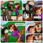 aaron_(artist) andy_porter anthro barefoot big_breasts black_clothing black_eyebrows black_hair black_text blep blush bottomwear bouncing_breasts breasts brown_body brown_fur brown_tail bulge butt canid canine canis clothed clothing comic day dialogue digital_media_(artwork) dipstick_ears ear_markings english_text eyebrows feet felid female footwear fully_clothed fur grey_body grey_bottomwear grey_clothing grey_fur grey_tail hair hi_res huge_breasts jaguar lagomorph leporid looking_at_breasts male mammal marcelo_(aaron) multicolored_ears outside pantherine pants purple_clothing purple_shirt purple_topwear rabbit red_clothing red_footwear shadow shirt side_view size_difference standing stephanie_(aaron) tail teeth text tongue tongue_out topwear url wolf