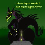 1:1 anthro anus big_butt black_body bridge butt detailed_background disney dragon english_text female forked_tongue genitals glowing glowing_anus glowing_genitalia glowing_pussy hand_on_butt hi_res huge_butt looking_at_viewer looking_back looking_back_at_viewer maleficent membrane_(anatomy) membranous_wings motion_lines mythological_creature mythological_scalie mythology outside pussy scalie sharkinwaves sitting sleeping_beauty_(1959) solo text tongue tongue_out wings