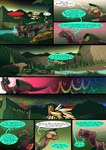 absurd_res comic dialogue dinosaur dragon dragonscape drekir dromaeosaurid english_text fantasy female feral forest forl_(thepatchedragon) gila_(thepatchedragon) group hi_res hiker_(thepatchedragon) jat_(thepatchedragon) male melee_weapon mythological_creature mythological_scalie mythology plant polearm post-apocalyptic prehistoric_species reptile river scalie spear sunrise tail text thepatchedragon theropod tree weapon