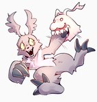 ambiguous_gender anthro bandai_namco bite bodily_fluids digimon digimon_(species) duo feral fur gazimon grey_body grey_fur hi_res humor long_ears nuitt pain pink_body red_eyes sharp_teeth simple_background tears teeth tokomon white_background