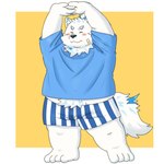 1:1 2024 anthro black_nose blush canid canine canis clothing domestic_dog hi_res kemono lifewonders live_a_hero male mammal overweight overweight_male shirt simple_background solo stretching topwear underwear yaki_atsuage yohack