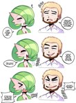 >_< beard blonde_hair blush brown_beard brown_facial_hair chibi colored comic dialogue digital_media_(artwork) duo english_text eyes_closed facial_hair female game_freak gardevoir generation_3_pokemon green_hair hair hi_res human humanoid laugh male mammal nintendo open_mouth pokemon pokemon_(species) roleplay saltyxodium simple_background smile text white_background