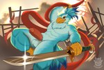 anthro avian balls beak bird blue_body dasinbun digital_drawing_(artwork) digital_media_(artwork) dota erection fur genitals hi_res holding_object holding_weapon kez_(dota) male melee_weapon solo sword valve weapon