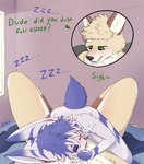 absurd_res after_sex anthro blush canid canine canis cutaway dialogue duo femboy first_person_view fur green_eyes hi_res lagomorph laserkitten lazer_(laserkitten) leporid male male/male mammal neck_tuft rabbit size_difference sleeping sleeping_on_partner tan_body tan_fur tuft white_body white_fur whittaker_forrester wolf