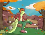 4_fingers anthro autumn bare_chest bench clothing digital_media_(artwork) elbow_fin eyes_closed fin fingers fish footwear gills green_body green_scales hair ibispaint_(artwork) ike_(thesnekden) lime_shark male marine open_chested_shirt orange_hair outside plant scales shark shirtless shoes sneakers snizzydraws solo torn_clothing tree