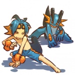 1:1 alternate_species blue_eyes bottomwear clothing cosplay duo generation_3_pokemon hitec human humanized male mammal nintendo pokemon pokemon_(species) pokemon_trainer shorts simple_background swampert white_background