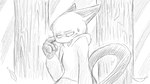 16:9 animal_crossing anthro bodily_fluids clothing dragonweirdo felid feline female forest hi_res hoodie mammal markings mole_(marking) monochrome nervous nintendo olivia_(animal_crossing) plant scratching solo sweat topwear tree widescreen