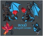 absurd_res anthro armor black_body blue_markings collar dragon dripping female hi_res markings membrane_(anatomy) membranous_wings mythological_creature mythological_scalie mythology scalie solo souli_(character) tail tail_mouth unusual_anatomy unusual_tail wings