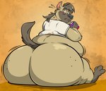 2024 3_toes absurd_res anthro back_rolls belly big_belly big_butt black_nose blush boss_(twende) brown_body butt can clothing container fat_rolls feet hi_res huge_butt hyena male mammal overweight overweight_male remmyfox shirt simple_background sitting solo toes topwear twende_(series)