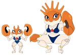 anthro anthrofied armwear bikini bikini_thong bikini_top black_eyes blue_bikini blue_clothing blue_swimwear breasts claws clothed clothing duo female generation_1_pokemon grey_eyes hi_res kingler krabby legwear nintendo orange_claws pokeball pokemon pokemon_(species) pokemorph simple_background swimwear two-piece_swimsuit urusee584 white_background white_body