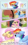 5:8 absurd_res blue_body blue_feathers blush comic dialogue english_text equid equine feathers female feral fluttershy_(mlp) friendship_is_magic hasbro hi_res keetch10 mammal my_little_pony mythological_creature mythological_equine mythology pegasus rainbow_dash_(mlp) text wings yellow_body yellow_feathers